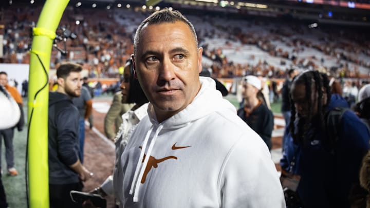 Dec 21, 2024; Austin, Texas, USA; Texas Longhorns head coach Steve Sarkisian against the Clemson Tigers during the CFP National playoff first round at Darrell K Royal-Texas Memorial Stadium. Mandatory Credit: Mark J. Rebilas-Imagn Images