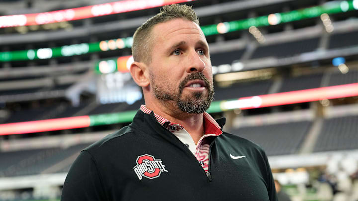 Ohio State Buckeyes offensive coordinator Brian Hartline speaks during the Cotton Bowl Media Day at AT&T Stadium in Dallas prior to the College Football Playoff matchup against the Miami Hurricanes on Dec. 29, 2025.