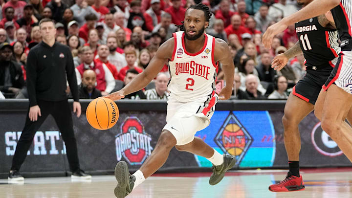 Mar 26, 2024; Columbus, OH, USA; Ohio State Buckeyes guard Bruce Thornton (2) drives to the basket during the second half of the NIT quarterfinals against the Georgia Bulldogs at Value City Arena. Ohio State lost 79-77.