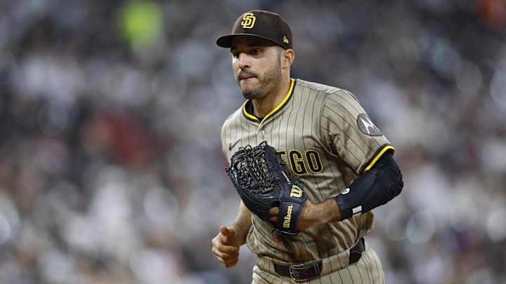 Sep 19, 2025; Chicago, Illinois, USA; San Diego Padres left fielder Ramon Laureano (5) returns to the dugout after the seventh inning of a baseball game against the Chicago White Sox at Rate Field. Mandatory Credit: Kamil Krzaczynski-Imagn Images
