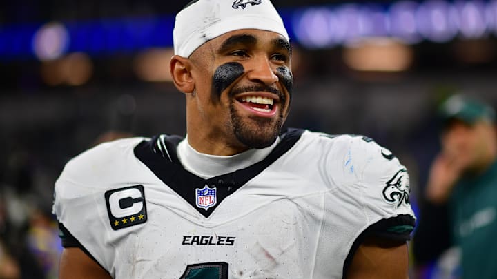 Philadelphia Eagles quarterback Jalen Hurts (1) reacts following the victory against the Los Angeles Rams at SoFi Stadium.