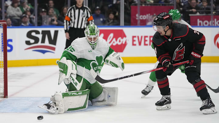 Mar 16, 2024; Toronto, Ontario, CAN; Carolina Hurricanes forward Seth Jarvis (24) goes after rebound