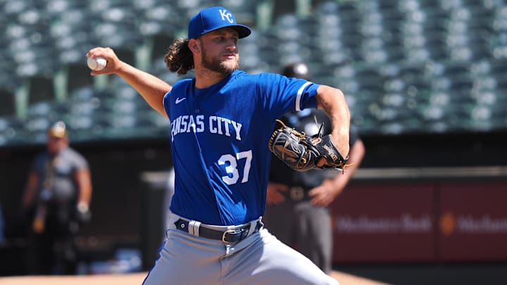 Kansas City Royals reliever Jackson Kowar throws during a game against the Oakland Athletics on Aug. 23, 2023, at Oakland Coliseum.