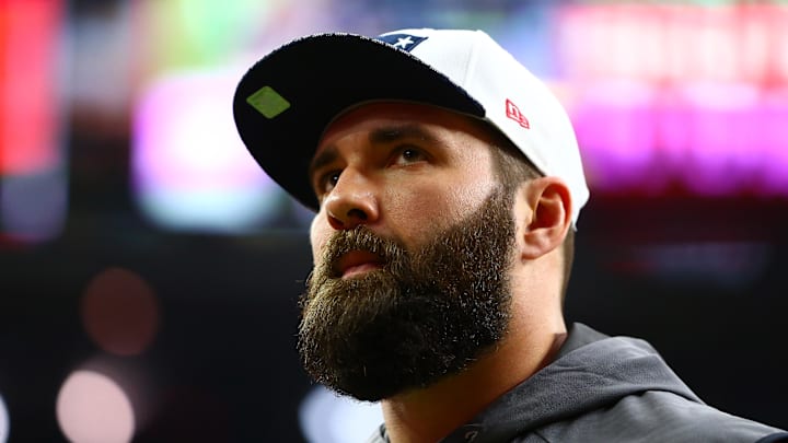 Feb 5, 2017; Houston, TX, USA; New England Patriots linebacker Rob Ninkovich (50) against the Atlanta Falcons during Super Bowl LI at NRG Stadium. Mandatory Credit: Mark J. Rebilas-Imagn Images