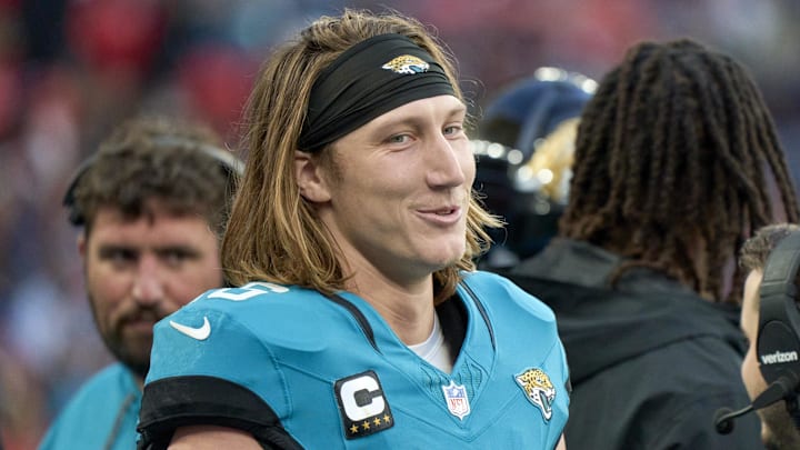 Oct 20, 2024; London, United Kingdom; Jacksonville Jaguars quarterback Trevor Lawrence (16) smiles in the second half during an NFL International Series game at Wembley Stadium. Mandatory Credit: Peter van den Berg-Imagn Images
