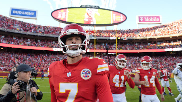 Nov 23, 2025; Kansas City, Missouri, USA; Kansas City Chiefs place kicker Harrison Butker (7) leaves the field after the game against the Indianapolis Colts at GEHA Field at Arrowhead Stadium. Mandatory Credit: Jay Biggerstaff-Imagn Images Nov 23, 2025; Kansas City, Missouri, USA; Kansas City Chiefs place kicker Harrison Butker (7) leaves the field after the game against the Indianapolis Colts at GEHA Field at Arrowhead Stadium. Mandatory Credit: Jay Biggerstaff-Imagn Images