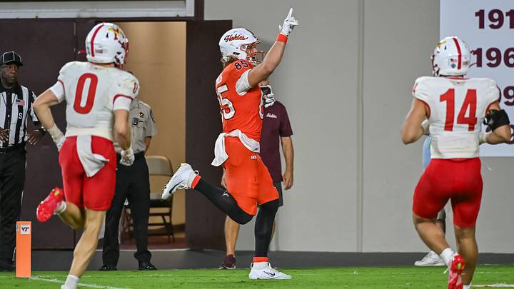 Sep 5, 2026; Blacksburg, Virginia, USA; Virginia Tech Hokies tight end Luke Reynolds (85) celebrates a touchdown after catching a pass during the third quarter at Lane Stadium against the VMI Keydets. Mandatory Credit: Brian Bishop-Imagn Images Sep 5, 2026; Blacksburg, Virginia, USA; Virginia Tech Hokies tight end Luke Reynolds (85) celebrates a touchdown after catching a pass during the third quarter at Lane Stadium against the VMI Keydets. Mandatory Credit: Brian Bishop-Imagn Images