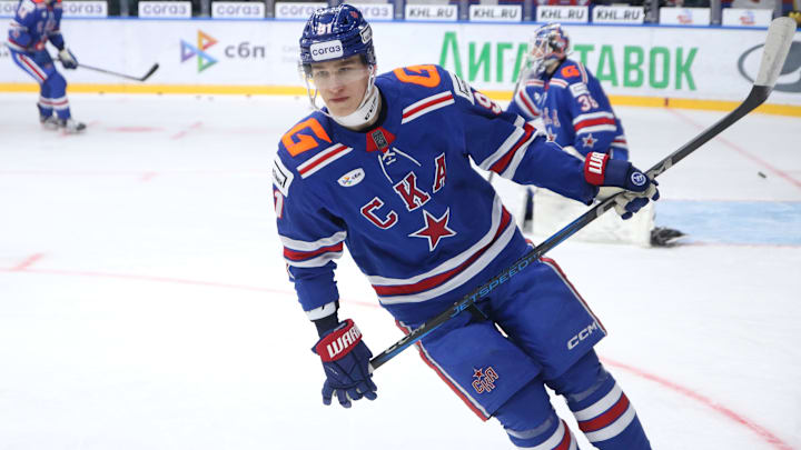 Ivan Demidov (91) SKA Hockey Club seen in action during the...