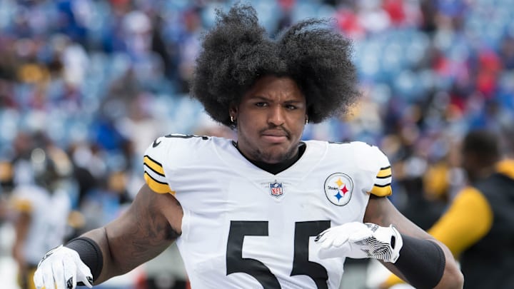 Oct 9, 2022; Orchard Park, New York, USA; Pittsburgh Steelers linebacker Devin Bush (55) warms up before a game against the Buffalo Bills at Highmark Stadium. Mandatory Credit: Mark Konezny-Imagn Images