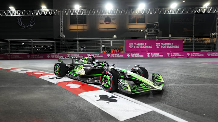 Nov 21, 2024; Las Vegas, Nevada, USA; Stake F1 Team Kick Sauber driver Zhou Guanyu of China (24) drives during the Formula 1 Heineken Silver Las Vegas Grand Prix at Las Vegas Circuit. Mandatory Credit: Lucas Peltier-Imagn Images