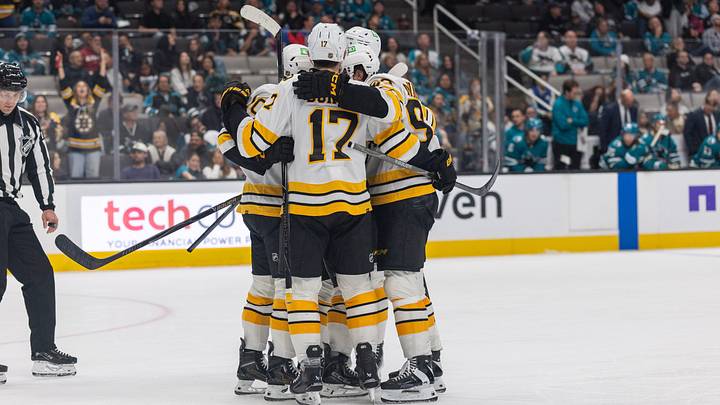 Oct 13, 2026; San Jose, California, USA;  Boston Bruins defenseman Will Borgen (17) celebrates with teammates during the third period against the San Jose Sharks at SAP Center at San Jose.  Mandatory Credit: Stan Szeto-Imagn Images