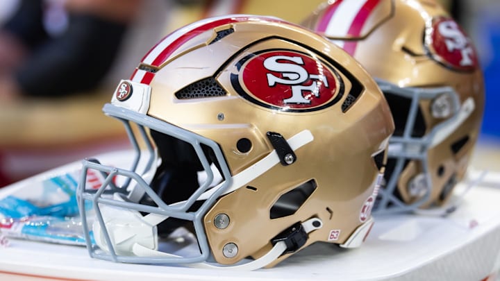 Jan 5, 2025; Glendale, Arizona, USA; Detailed view of a San Francisco 49ers helmet at State Farm Stadium. Mandatory Credit: Mark J. Rebilas-Imagn Images Jan 5, 2025; Glendale, Arizona, USA; Detailed view of a San Francisco 49ers helmet at State Farm Stadium. Mandatory Credit: Mark J. Rebilas-Imagn Images