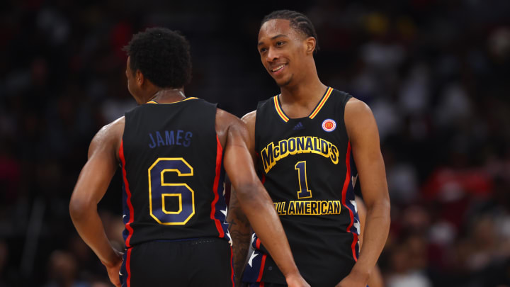 Mar 28, 2023; Houston, TX, USA; West guard Bronny James (6) and forward Ron Holland (1) react during the McDonald's All American Boy's high school basketball game at Toyota Center. Mandatory Credit: Mark J. Rebilas-USA TODAY Sports