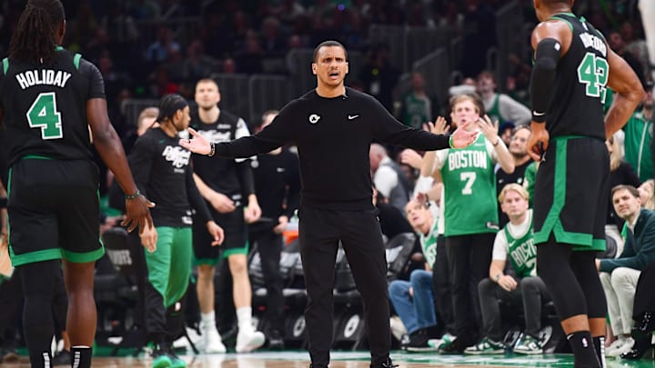 May 14, 2025; Boston, Massachusetts, USA; Boston Celtics head coach Joe Mazzulla reacts after a foul in the first half during game five of the second round for the 2025 NBA Playoffs against the New York Knicks at TD Garden. Mandatory Credit: Bob DeChiara-Imagn Images