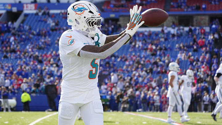 Nov 3, 2024; Orchard Park, New York, USA; Miami Dolphins cornerback Jalen Ramsey (5) warms up prior to the game against the Buffalo Bills at Highmark Stadium. Mandatory Credit: Gregory Fisher-Imagn Images