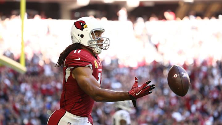 Arizona Cardinals wide receiver Larry Fitzgerald makes a touchdown catch against the Oakland Raiders in the first half during a game on Nov. 18, 2018 at State Farm Stadium.

Raiders Vs Cardinals 2018