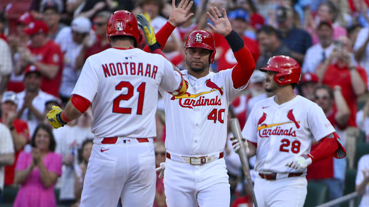Jun 24, 2025; St. Louis, Missouri, USA;  St. Louis Cardinals left fielder Lars Nootbaar (21) celebrates with first baseman Willson Contreras (40) after hitting a two run home run against the Chicago Cubs during the second inning at Busch Stadium. Mandatory Credit: Jeff Curry-Imagn Images