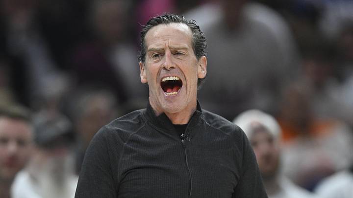 Apr 29, 2026; Cleveland, Ohio, USA; Cleveland Cavaliers head coach Kenny Atkinson reacts against the Toronto Raptors in the first quarter of game five of the first round of the 2026 NBA Playoffs at Rocket Arena. Mandatory Credit: David Richard-Imagn Images