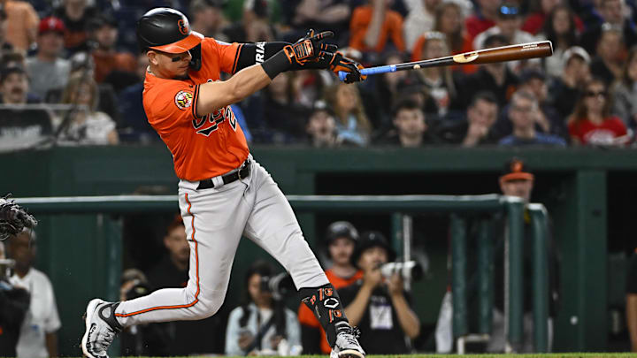 Apr 23, 2025; Washington, District of Columbia, USA; Baltimore Orioles third base Ramón Urías (29) hits a RBI sacrifice fly against the Washington Nationals during the eighth inning at Nationals Park. Brad Mills-Imagn Images Apr 23, 2025; Washington, District of Columbia, USA; Baltimore Orioles third base Ramón Urías (29) hits a RBI sacrifice fly against the Washington Nationals during the eighth inning at Nationals Park. Brad Mills-Imagn Images