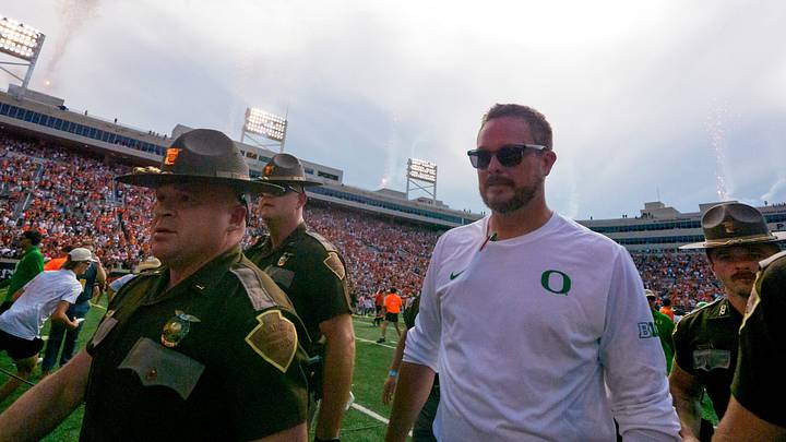 Oregon head coach Dan Lanning walks off the field after the Ducks loss as the Oregon Ducks face the Oklahoma State Cowboys on Sept. 12, 2026, at Boone Pickens Stadium in Stillwater, Oklahoma.