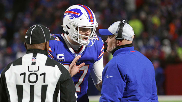 Bills quarterback Josh Allen with head coach Sean McDermott  during a timeout.