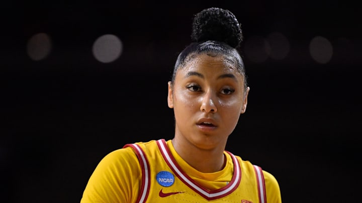 Mar 25, 2024; Los Angeles, CA, USA; USC Trojans guard JuJu Watkins (12) during an NCAA Women’s Tournament 2nd round game against the Kansas Jayhawks at Galen Center. Mandatory Credit: Robert Hanashiro-Imagn Images