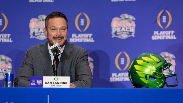 Oregon head coach Dan Lanning speaks during the head coaches’ press conference ahead of the Peach Bowl at the College Football Hall of Fame in Atlanta, Georgia, on Jan. 8, 2026.