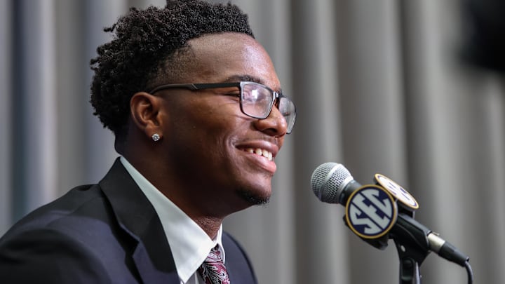 Jul 14, 2025; Atlanta, GA, USA; South Carolina Gamecocks quarterback LaNorris Sellers answers media questions during SEC Media Day at Omni Atlanta Hotel. Mandatory Credit: Jordan Godfree-Imagn Images