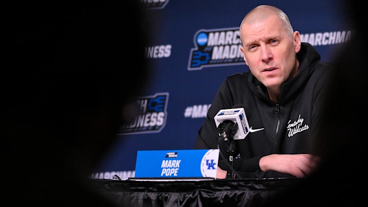 Mar 19, 2026; St. Louis, MO, USA; Kentucky Wildcats head coach Mark Pope talks with the media during a practice session ahead of the first round of the men's 2026 NCAA Tournament at Enterprise Center. Mandatory Credit: Jeff Curry-Imagn Images