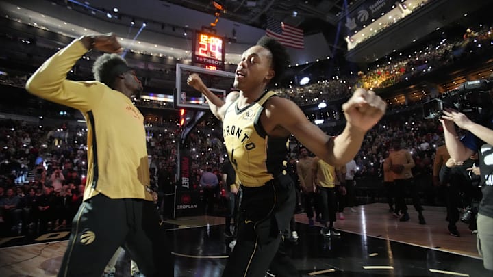 Mar 1, 2024; Toronto, Ontario, CAN; Toronto Raptors forward Scottie Barnes (4) during player introductions before a game against the Golden State Warriors during the first half at Scotiabank Arena. Mandatory Credit: John E. Sokolowski-USA TODAY Sports