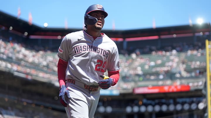 Aug 9, 2025; San Francisco, California, USA; Washington Nationals left fielder James Wood (29) jogs towards the dugout after hitting a home run against the San Francisco Giants in the first inning at Oracle Park. 