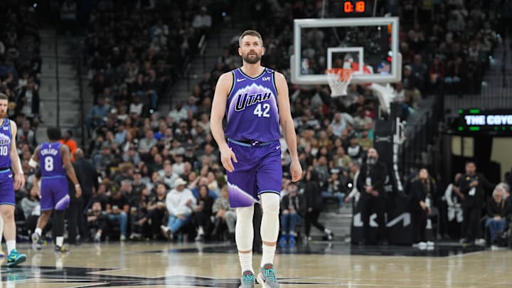 Jan 19, 2026; San Antonio, Texas, USA;  Utah Jazz forward Kevin Love (42) walks up the court in the first half against the San Antonio Spurs at Frost Bank Center. Mandatory Credit: Daniel Dunn-Imagn Images