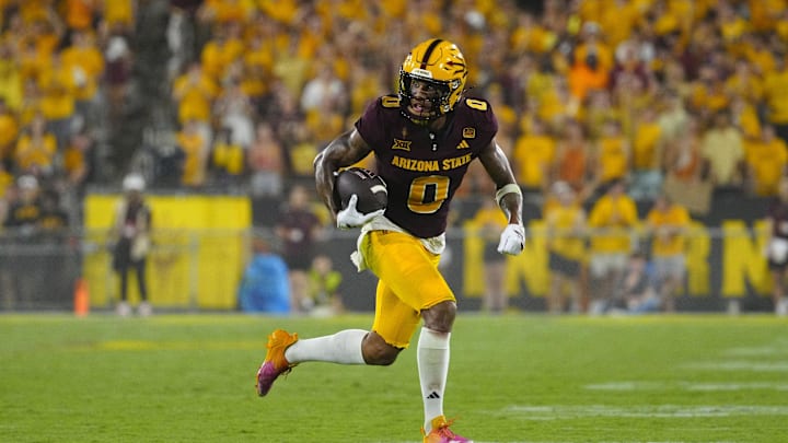 Arizona State wide receiver Jordyn Tyson (0) runs after a reception against NAU during a game at Mountain America Stadium in Tempe on Aug. 30, 2025.