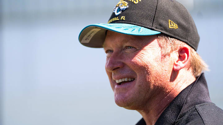 Former NFL Coache Jon Gruden have a laugh while attending an NFL training camp session ten at the Miller Electric Center, Tuesday, Aug. 5, 2025, in Jacksonville, Fla. [Doug Engle/Florida Times-Union]