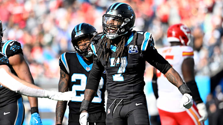Carolina Panthers EDGE Jadeveon Clowney reacts after making a sack in the second quarter at Bank of America Stadium.