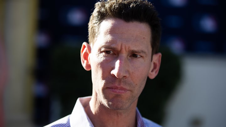 Nov 7, 2023; Scottsdale, AZ, USA; Boston Red Six chief baseball officer Craig Breslow speaks to the media during the MLB General Manager's Meetings at Omni Scottsdale Resort & Spa. Mandatory Credit: Mark J. Rebilas-Imagn Images Nov 7, 2023; Scottsdale, AZ, USA; Boston Red Six chief baseball officer Craig Breslow speaks to the media during the MLB General Manager's Meetings at Omni Scottsdale Resort & Spa. Mandatory Credit: Mark J. Rebilas-Imagn Images