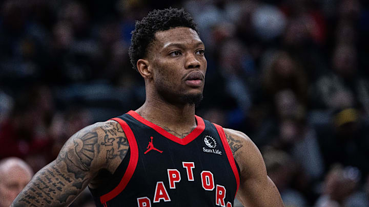 Jan 14, 2026; Indianapolis, Indiana, USA; Toronto Raptors guard Alijah Martin (55) in the first half against the Indiana Pacers at Gainbridge Fieldhouse.