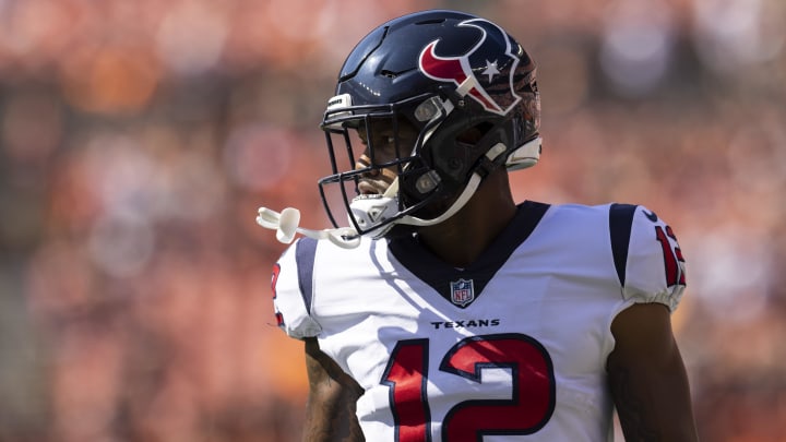 Sep 19, 2021; Cleveland, Ohio, USA; Houston Texans wide receiver Nico Collins (12) walks back to the huddle during warmups before the game against the Cleveland Browns at FirstEnergy Stadium. Mandatory Credit: Scott Galvin-USA TODAY Sports Sep 19, 2021; Cleveland, Ohio, USA; Houston Texans wide receiver Nico Collins (12) walks back to the huddle during warmups before the game against the Cleveland Browns at FirstEnergy Stadium. Mandatory Credit: Scott Galvin-USA TODAY Sports