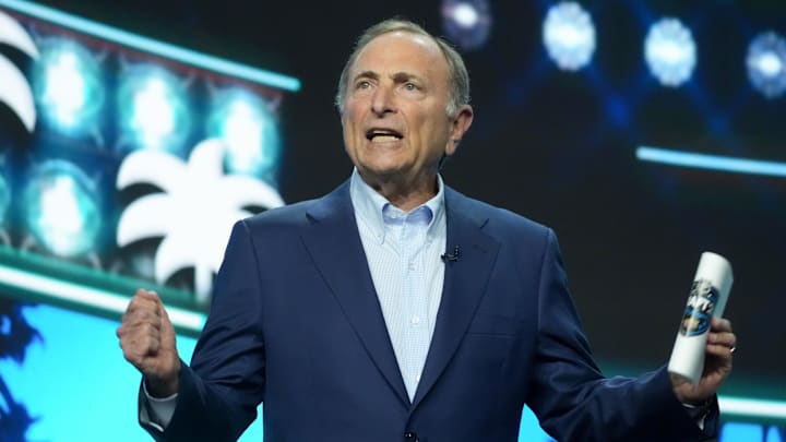 Jun 27, 2025; Los Angeles, California, USA; NHL Commissioner Gary Bettman greets fans to start the first round of the 2025 NHL Draft at Peacock Theater. Mandatory Credit: Kirby Lee-Imagn Images