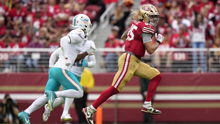 San Francisco 49ers tight end George Kittle (85) runs the ball against Miami Dolphins cornerback Chris Johnson (3) in the second half at Levi's Stadium. San Francisco 49ers tight end George Kittle (85) runs the ball against Miami Dolphins cornerback Chris Johnson (3) in the second half at Levi's Stadium.