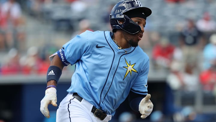 Tampa Bay Rays outfielder Chandler Simpson (96) singles against the Philadelphia Phillies during the third inning at Charlotte Sports Park on Feb 25, 2025, in Port Charlotte, Fla.