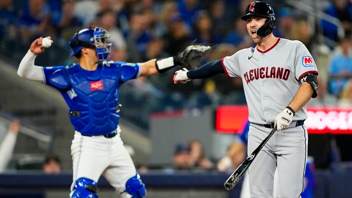 Apr 26, 2026: Cleveland Guardians first baseman David Fry (6) reacts after striking out during the fifth inning against the Toronto Blue Jays at Rogers Centre. Credit: Kevin Sousa-Imagn Images