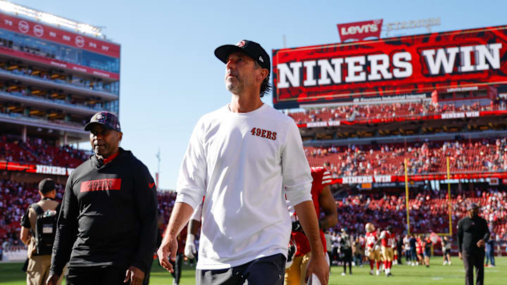 Sep 29, 2024; Santa Clara, California, USA; San Francisco 49ers head coach Kyle Shanahan walks off the field after the game against the New England Patriots at Levi's Stadium. Mandatory Credit: Sergio Estrada-Imagn Images Sep 29, 2024; Santa Clara, California, USA; San Francisco 49ers head coach Kyle Shanahan walks off the field after the game against the New England Patriots at Levi's Stadium. Mandatory Credit: Sergio Estrada-Imagn Images