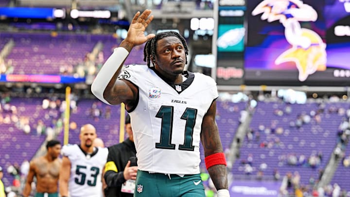 Oct 19, 2025; Minneapolis, Minnesota, USA; Philadelphia Eagles wide receiver A.J. Brown (11) celebrates after the win against the Minnesota Vikings at U.S. Bank Stadium. Mandatory Credit: Jeffrey Becker-Imagn Images