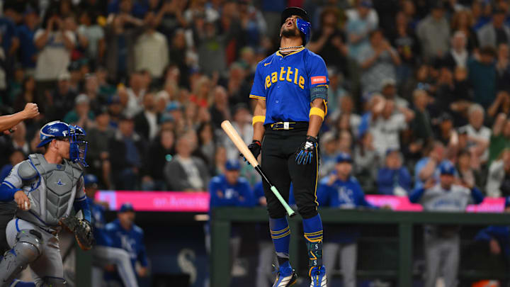 Seattle Mariners center fielder Julio Rodriguez (right) reacts after striking out against the Kansas City Royals on July 3 at T-Mobile Park. Seattle Mariners center fielder Julio Rodriguez (right) reacts after striking out against the Kansas City Royals on July 3 at T-Mobile Park.