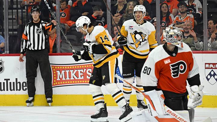 Sep 30, 2026; Philadelphia, Pennsylvania, USA; Pittsburgh Penguins left wing Nick Robertson (14) celebrates his goal against Philadelphia Flyers goaltender Dan Vladar (80) during the third period at Xfinity Mobile Arena. Mandatory Credit: Eric Hartline-Imagn Images Sep 30, 2026; Philadelphia, Pennsylvania, USA; Pittsburgh Penguins left wing Nick Robertson (14) celebrates his goal against Philadelphia Flyers goaltender Dan Vladar (80) during the third period at Xfinity Mobile Arena. Mandatory Credit: Eric Hartline-Imagn Images