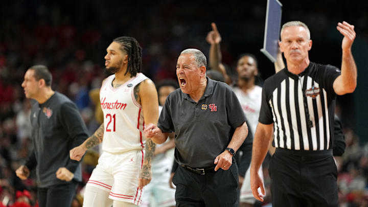 Apr 7, 2025; San Antonio, TX, USA; Houston Cougars head coach Kelvin Sampson reacts after a play against the Florida Gators during the first half of the national championship game of the Final Four of the 2025 NCAA Tournament at the Alamodome. Mandatory Credit: Bob Donnan-Imagn Images