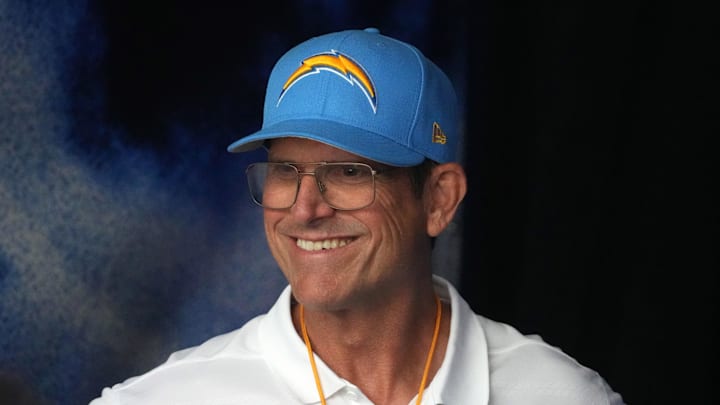 Aug 17, 2024; Inglewood, California, USA; Los Angeles Chargers coach Jim Harbaugh reacts against the Los Angeles Rams in the first half at SoFi Stadium. Mandatory Credit: Kirby Lee-Imagn Images