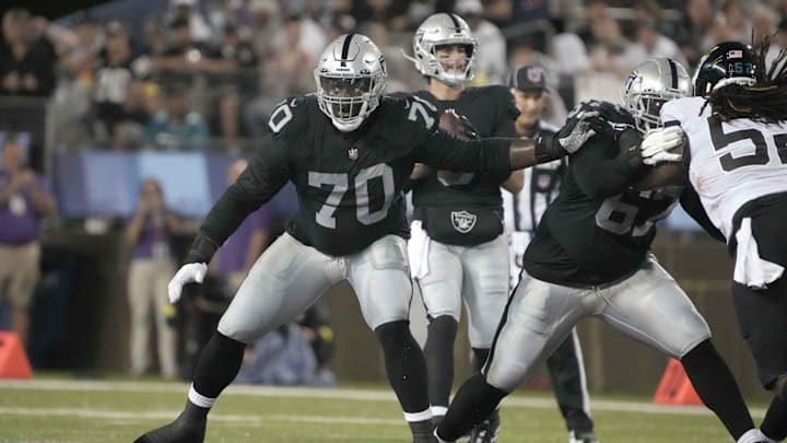 Las Vegas Raiders offensive tackle Alex Leatherwood (70) against the Jacksonville Jaguars in the Pro Football Hall of Fame game at Tom Benson Hall of Fame Stadium.