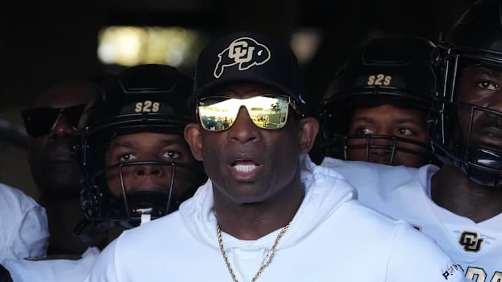 Oct 28, 2023; Pasadena, California, USA; Colorado Buffaloes head coach Deion Sanders enters the field before the game against the UCLA Bruins at Rose Bowl. UCLA defeated Colorado 28-16. Mandatory Credit: Kirby Lee-Imagn Images